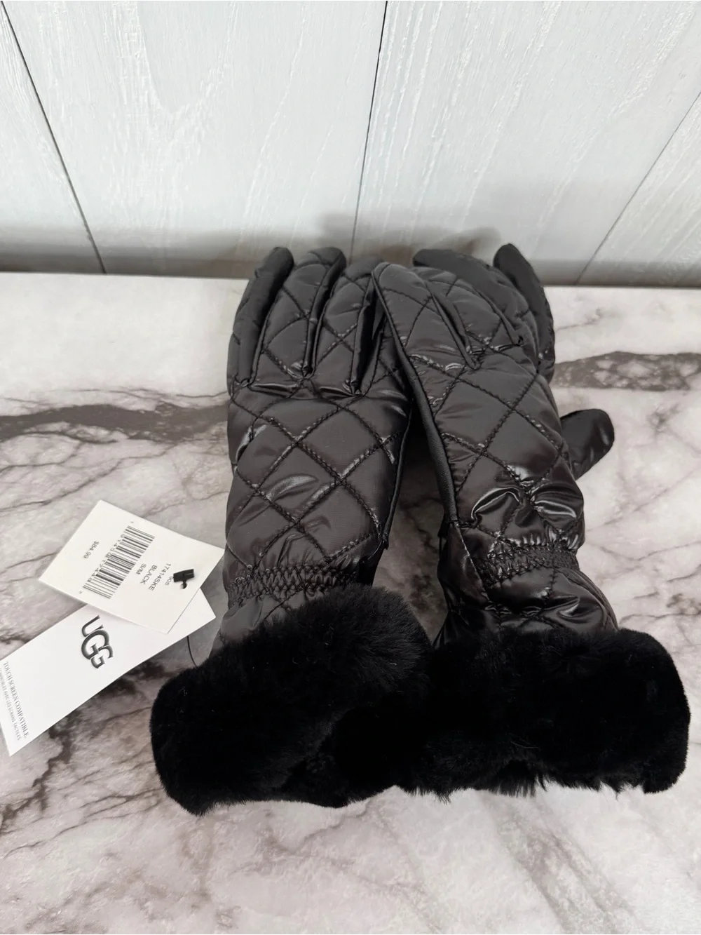 UGG Women’s Black All Weather Faux Fur Trim Touchscreen Gloves S/M